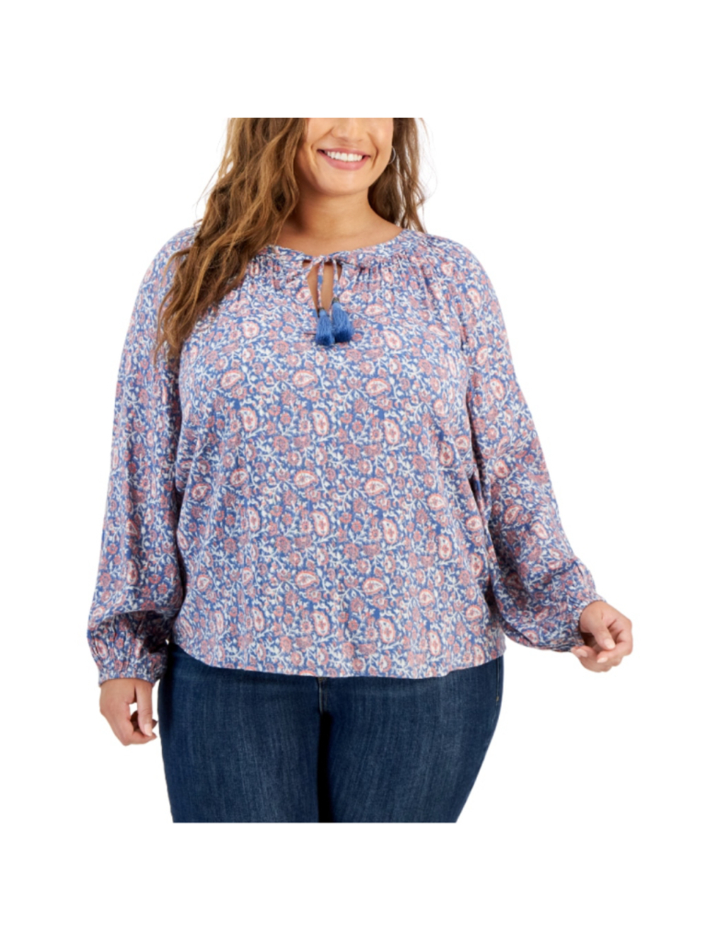 Style & Co. Plus Size 2X Blue & Pink Floral Peasant Blouse Tassel Tie NWT